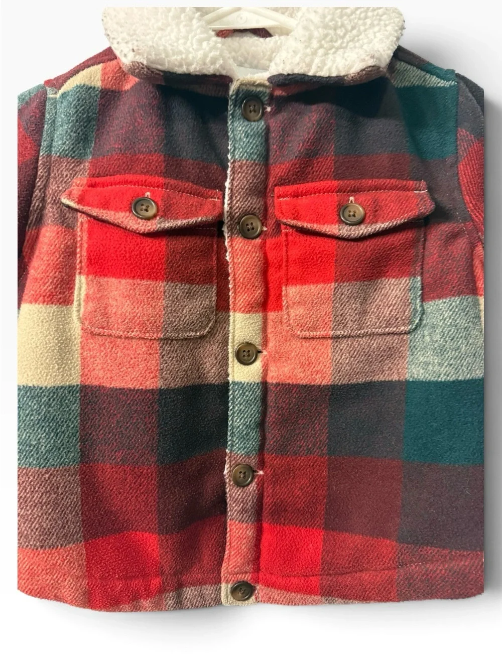 Toddler Boys Old Navy plaid Sherpa Shacket  in red tan & green Size 3T